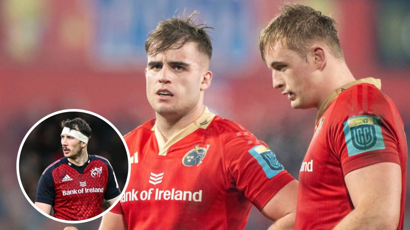 Forward trio Gavin Coombes, Alex Kendellen and Thomas Ahern (inset), who impressed against the Scarlets, in action for Munster.