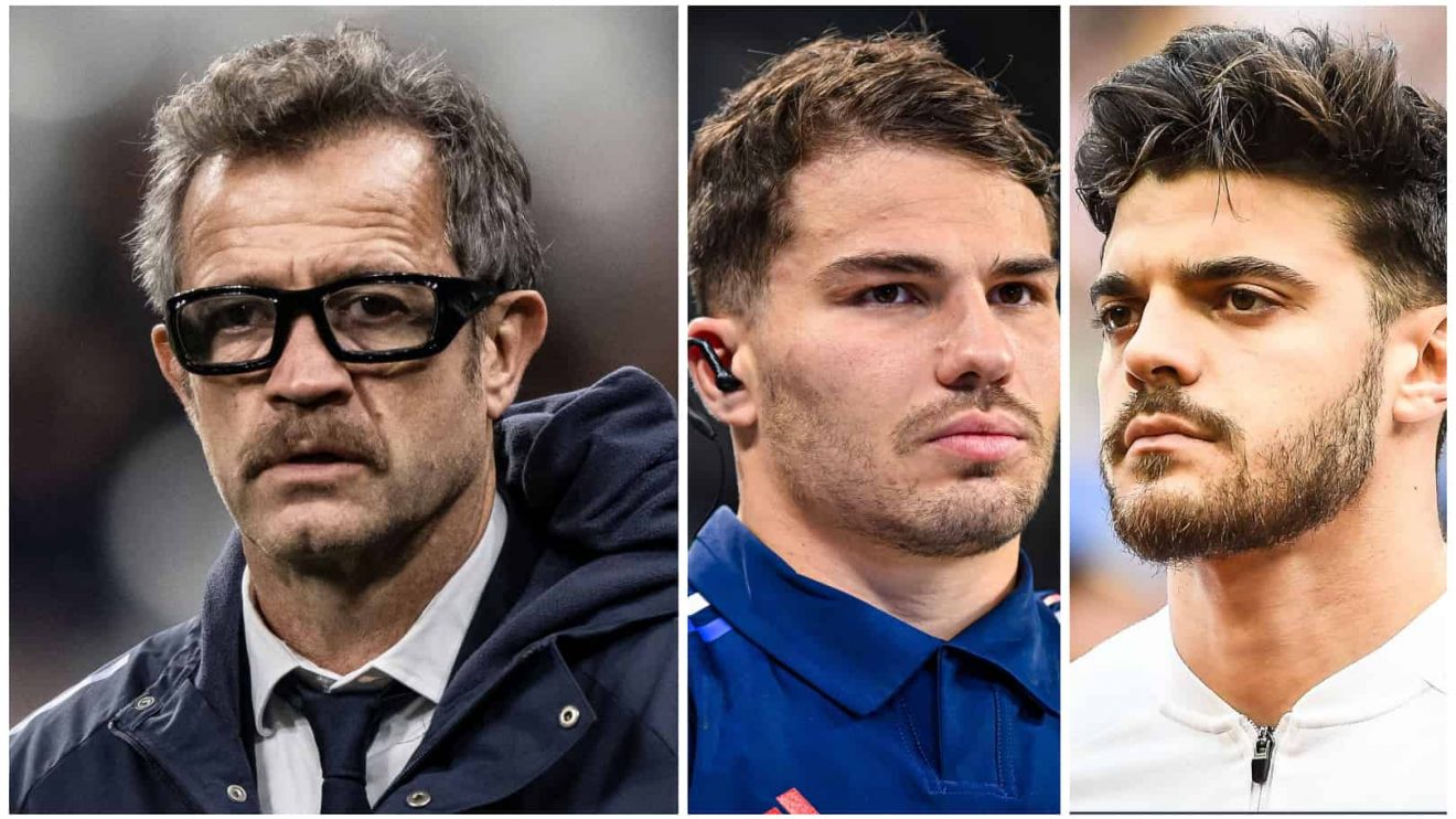 France head coach Fabien Galthie, scrum-half Antoine Dupont and fly-half Romain Ntamack.