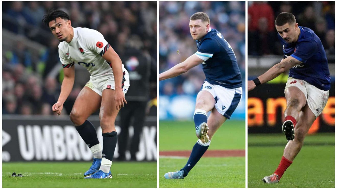 Split image of England's Marcus Smith, Scotland's Finn Russell and France's Thomas Ramos.