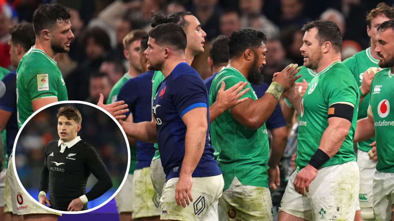France and Ireland shaking hands after 2024 Six Nations clash and All Blacks star Beauden Barrett (inset).