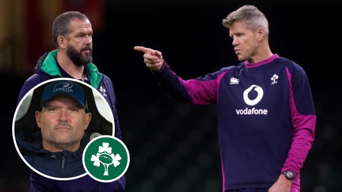 Ireland coaches Andy Farrell Simon Easterby, and Leinster defence guru Jacques Nienaber (inset).
