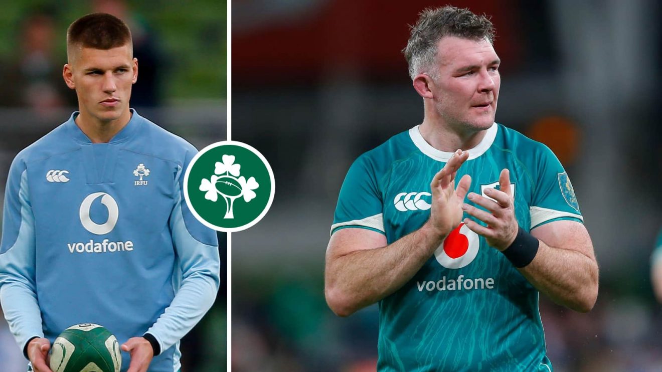 Ireland players Sam Prendergast and Peter OMahony.