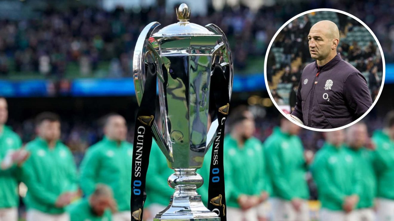 The Six Nations trophy and an insert of England head coach Steve Borthwick.