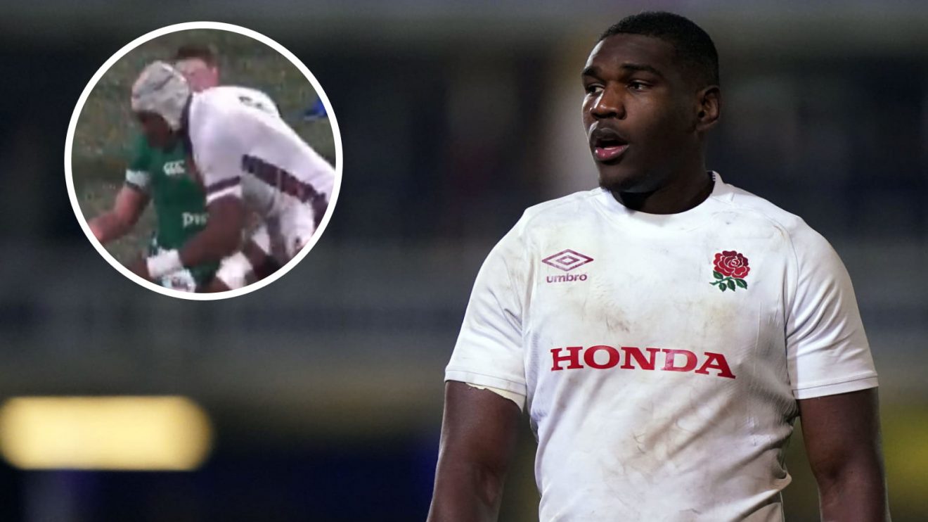 England U20 forward Junior Kpoku and his red card (inset) against Ireland in U20 Six Nations.