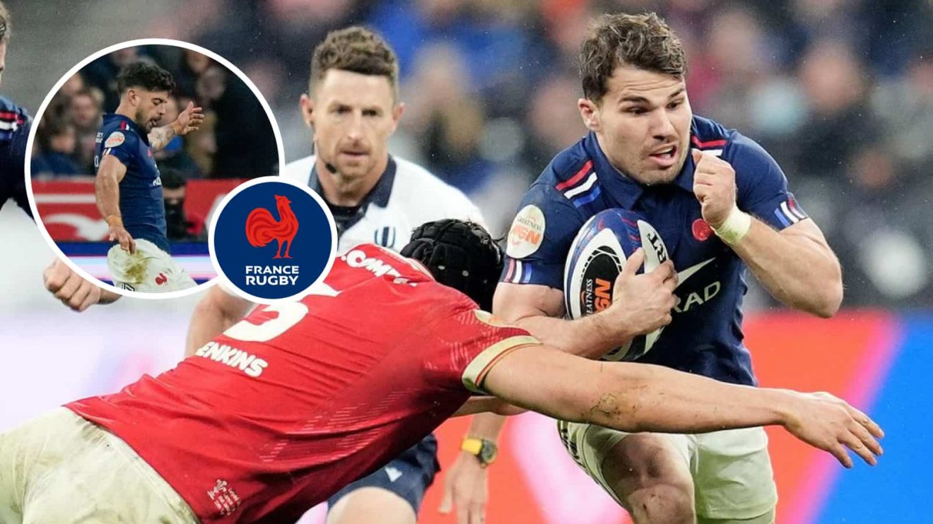 France captain Antoine Dupont and an insert of fly-half Romain Ntamack against Wales in the Six Nations.