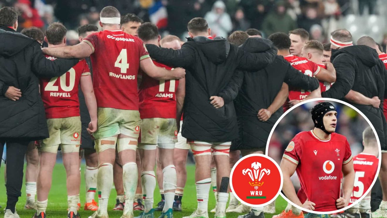 Wales team in a huddle following their Six Nations defeat to France and second-row Dafydd Jenkins (inset).