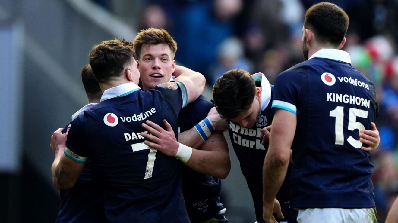 Scotland celebrate Huw Jones try against Italy in the 2025 Six Nations.