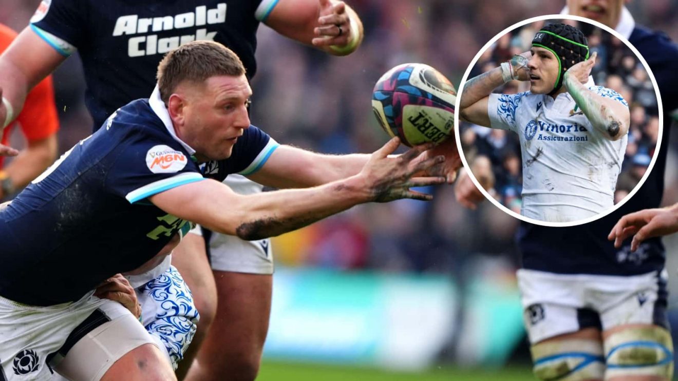 Scotland captain Finn Russell and an insert of Juan Ignacio Brex during the 2025 Six Nations.