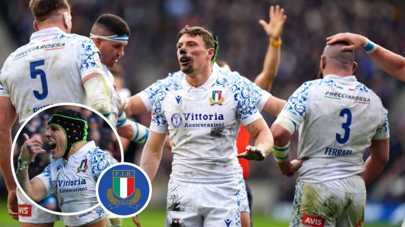 Italy against Scotland in 2025 Six Nations and Juan Ignacio Brex celebrating (inset).