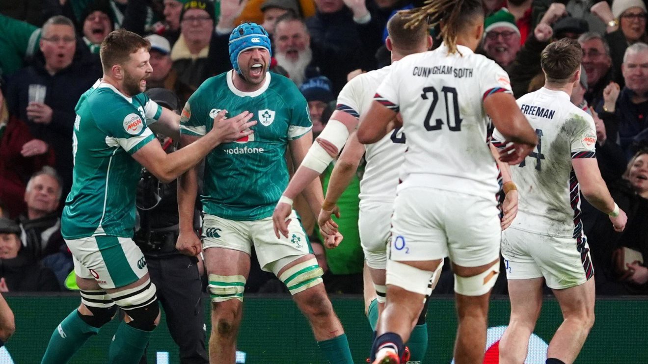 Tadhg Beirne celebrates his try for Ireland against England.