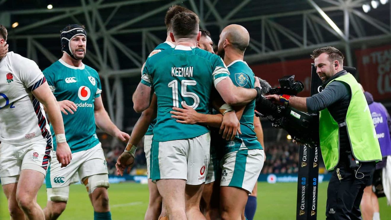 Ireland celebrate Bundee Aki try against England in the 2025 Six Nations.