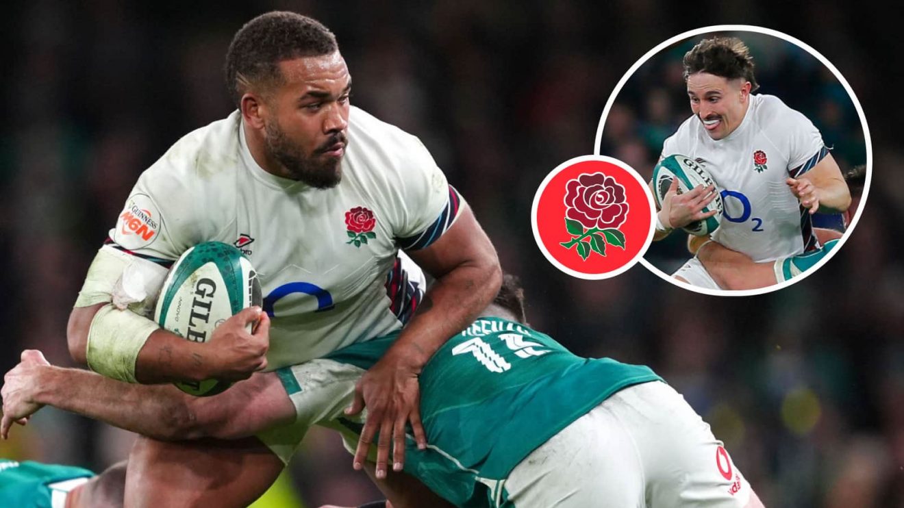 Ollie Lawrence and Cadan Murley (inset) in action for England v Ireland in the 2025 Six Nations.