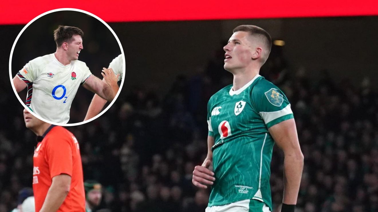 Ireland fly-half Sam Prendergast and an insert of England back-rower Ben Curry.