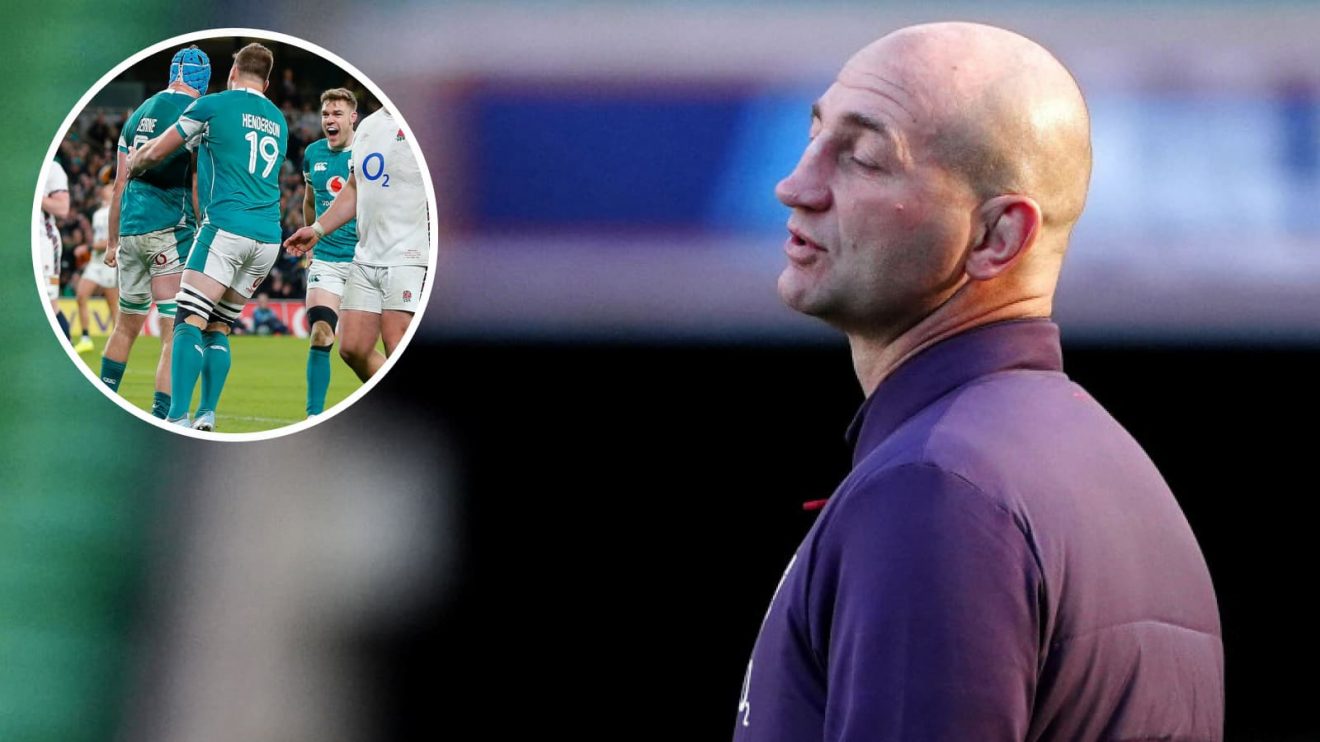 England head coach Steve Borthwick and Ireland celebrate Tadhg Beirne try (inset) in 2025 Six Nations clash.