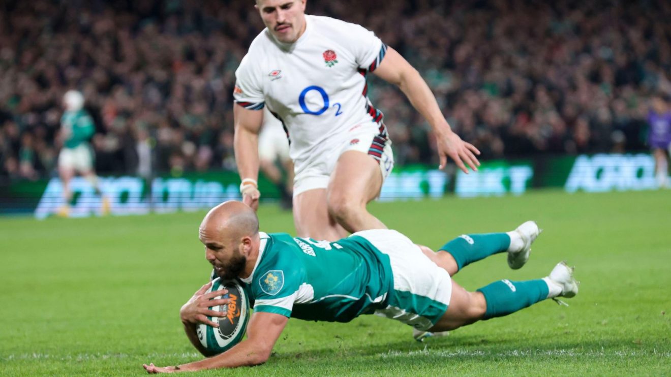 Ireland scrum-half Jamison Gibson-Park scoring a try in the Six Nations against England