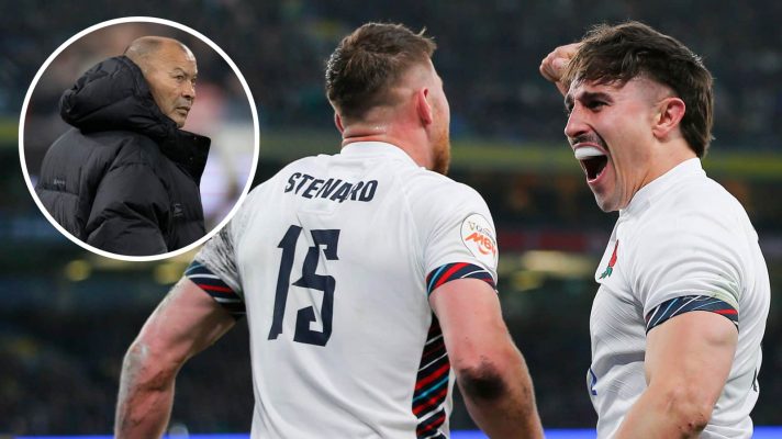 England backs Cadan Murley and Freddie Steward during the opening round of the 2025 Six Nations and insert of Japan head coach Eddie Jones.
