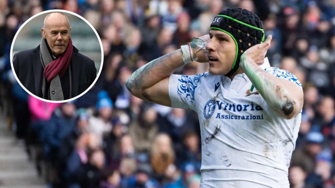 Italy star Juan Ignacio Brex and an insert of ex-England coach Sir Clive Woodward