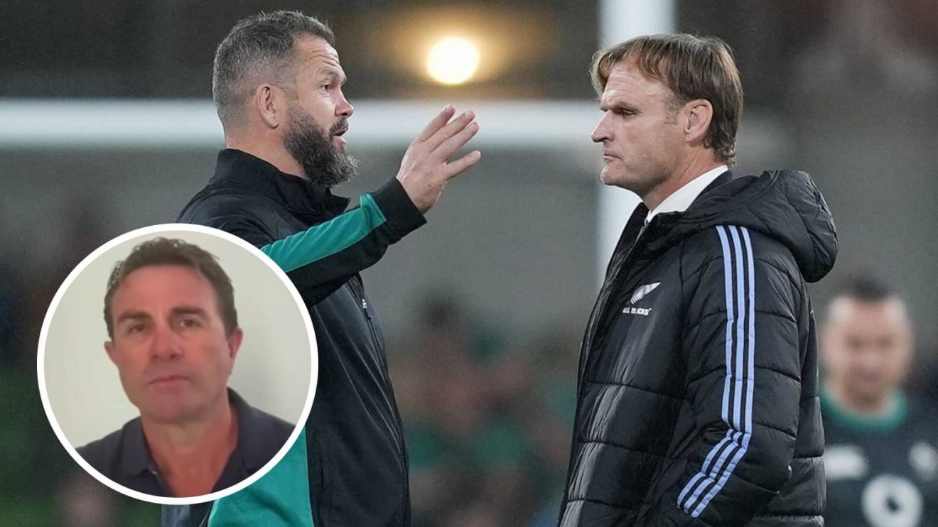 All Blacks boss Scott Robertson speaking with Ireland head coach Andy Farrell, and former scrum-half Justin Marshall (inset).