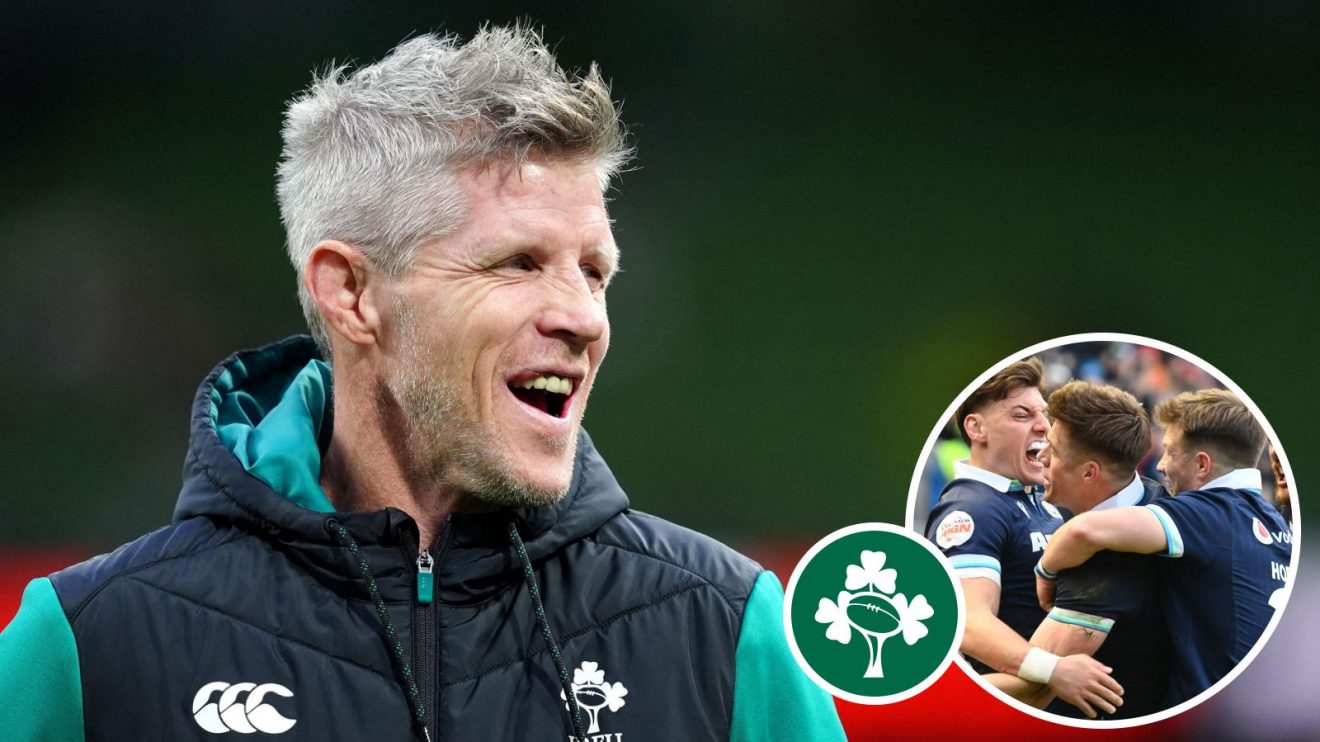 A two layered image of Ireland head coach Simon Easterby and Scotland players celebrating