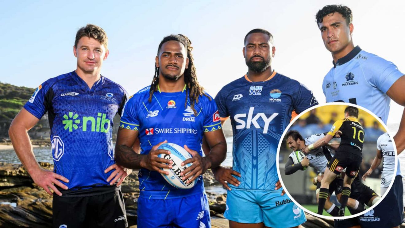 Beauden Barrett at the 2025 Super Rugby Pacific launch and in action (inset) for the Hurricanes against South African side the Sharks.