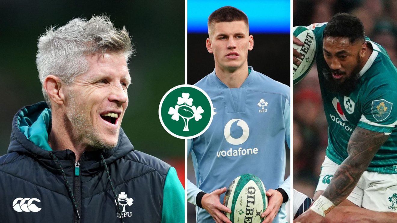 A three pannell image of Simon Easterby, Sam Prendergast and Bundee Aki