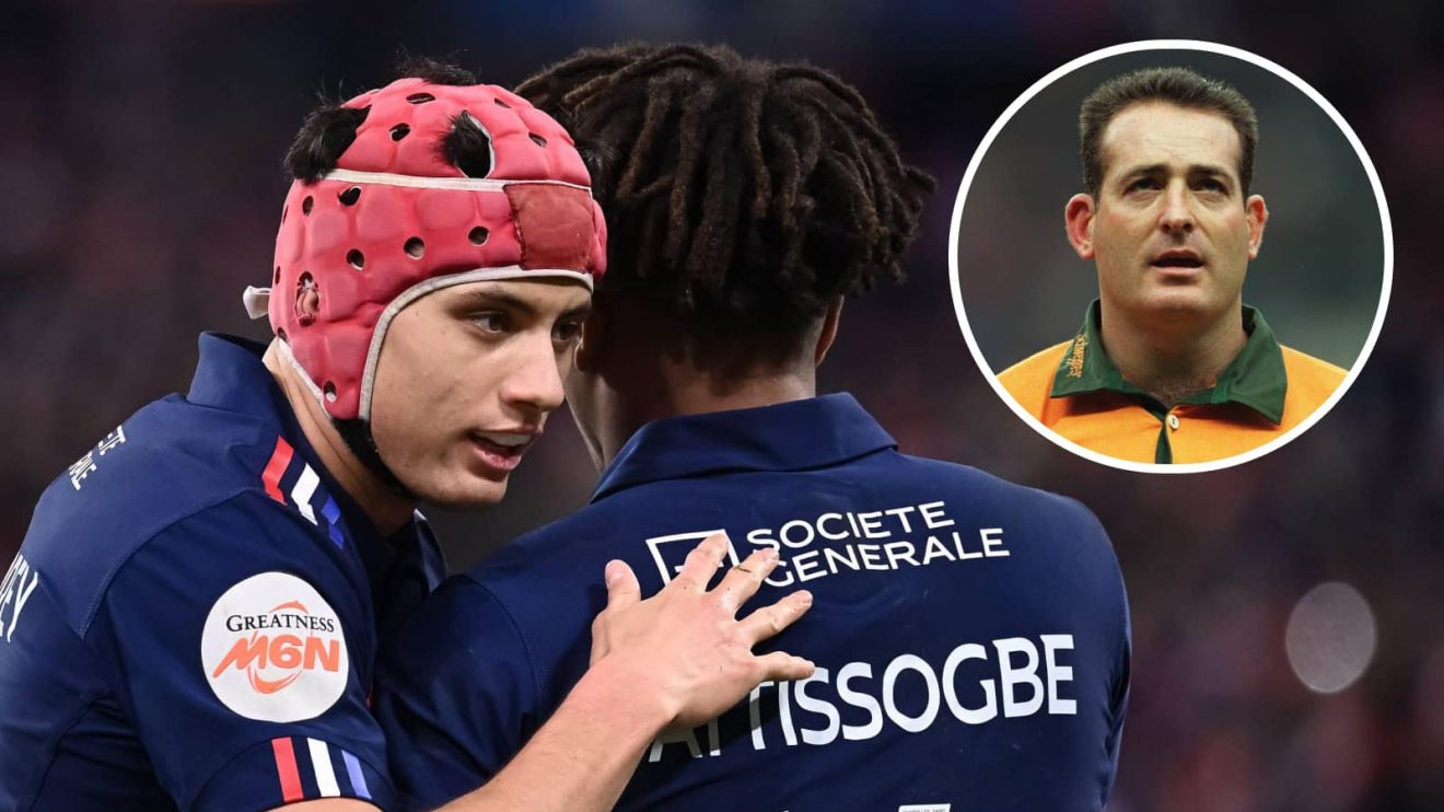 France's Louis Bielle-Biarrey and an insert of David Campese.