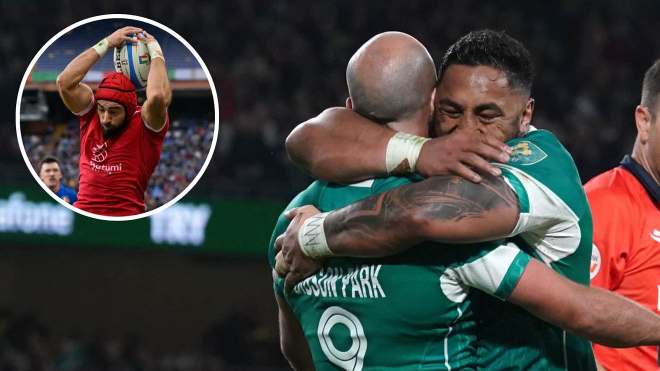 Ireland's Bundee Aki and Jamison Gibson-Park and an insert of Georgia's Akaki Tabutsaze
