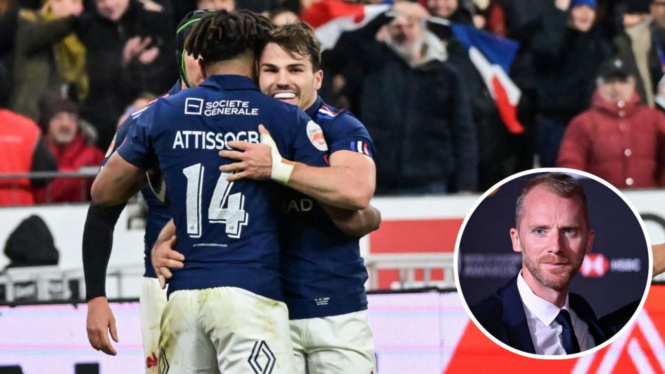 Antoine Dupont celebrates Theo Attissogbe's try for France v Wales and former Test referee Wayne Barnes (inset).