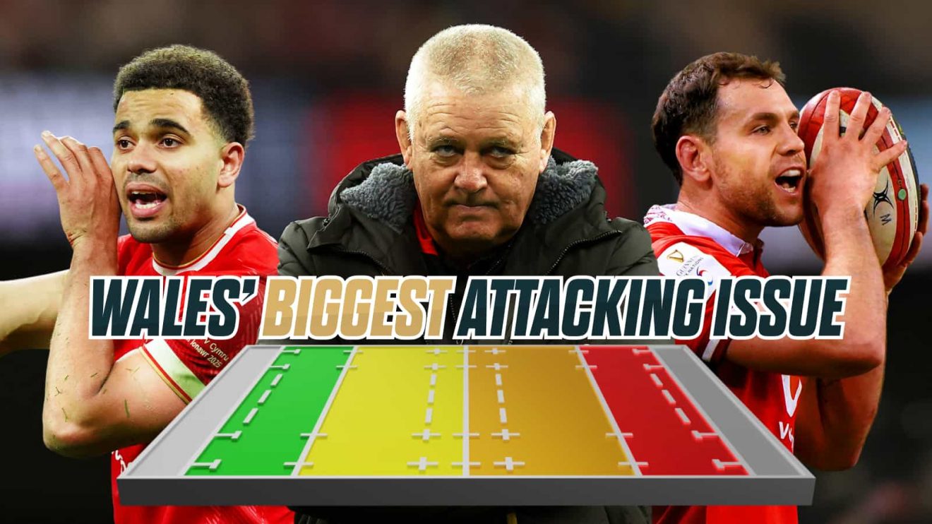 A bespoke image featuring Wales head coach Warren Gatland and backs Ben Thomas and Tomos Williams with the four zones on a rugby pitch.