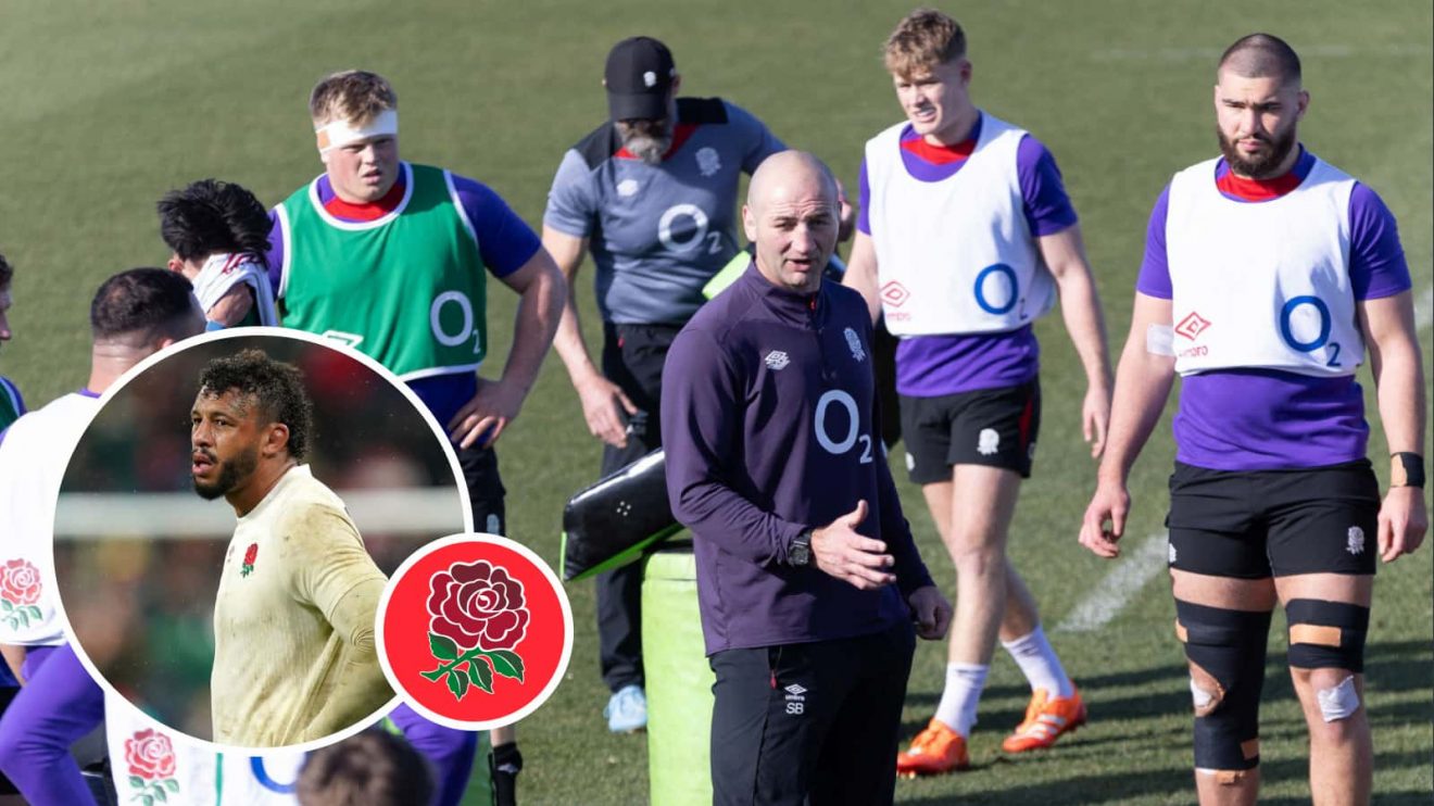 England head coach Steve Borthwick speaking to players during training in 2025 Six Nations, and former Test flanker Courtney Lawes (inset).