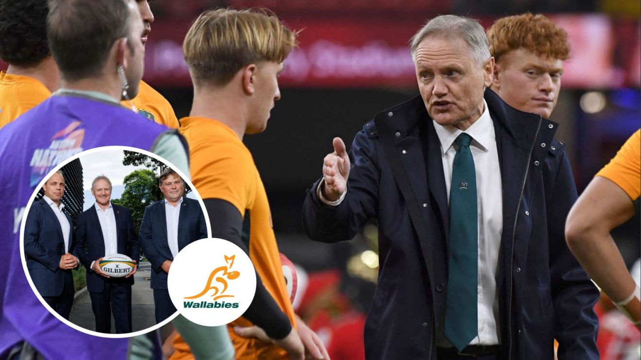 Wallabies boss Joe Schmidt in November 2024 and the head coach alongside Rugby Australia bigwigs Phil Waugh and Peter Horne (inset).