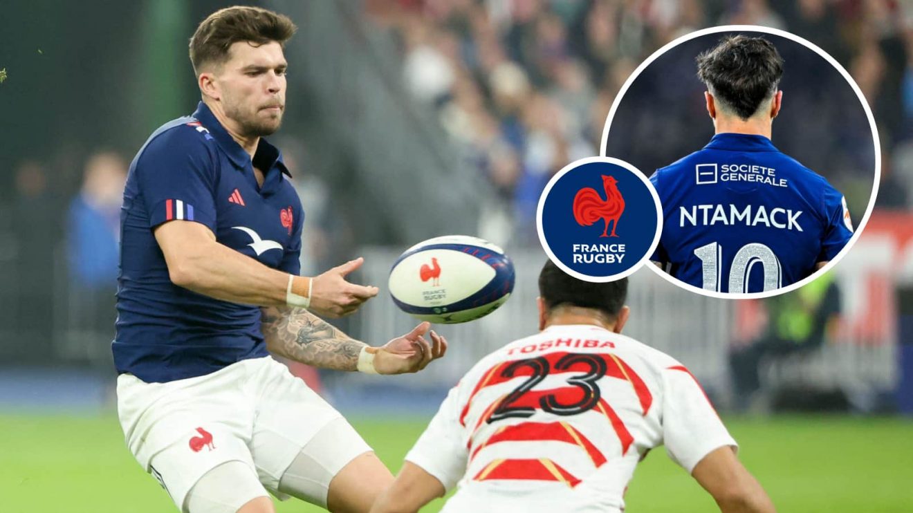 France fly-half Matthieu Jalibert in action in the Autumn Nations Series and the person he replaces for the England game, Romain Ntamack (inset).