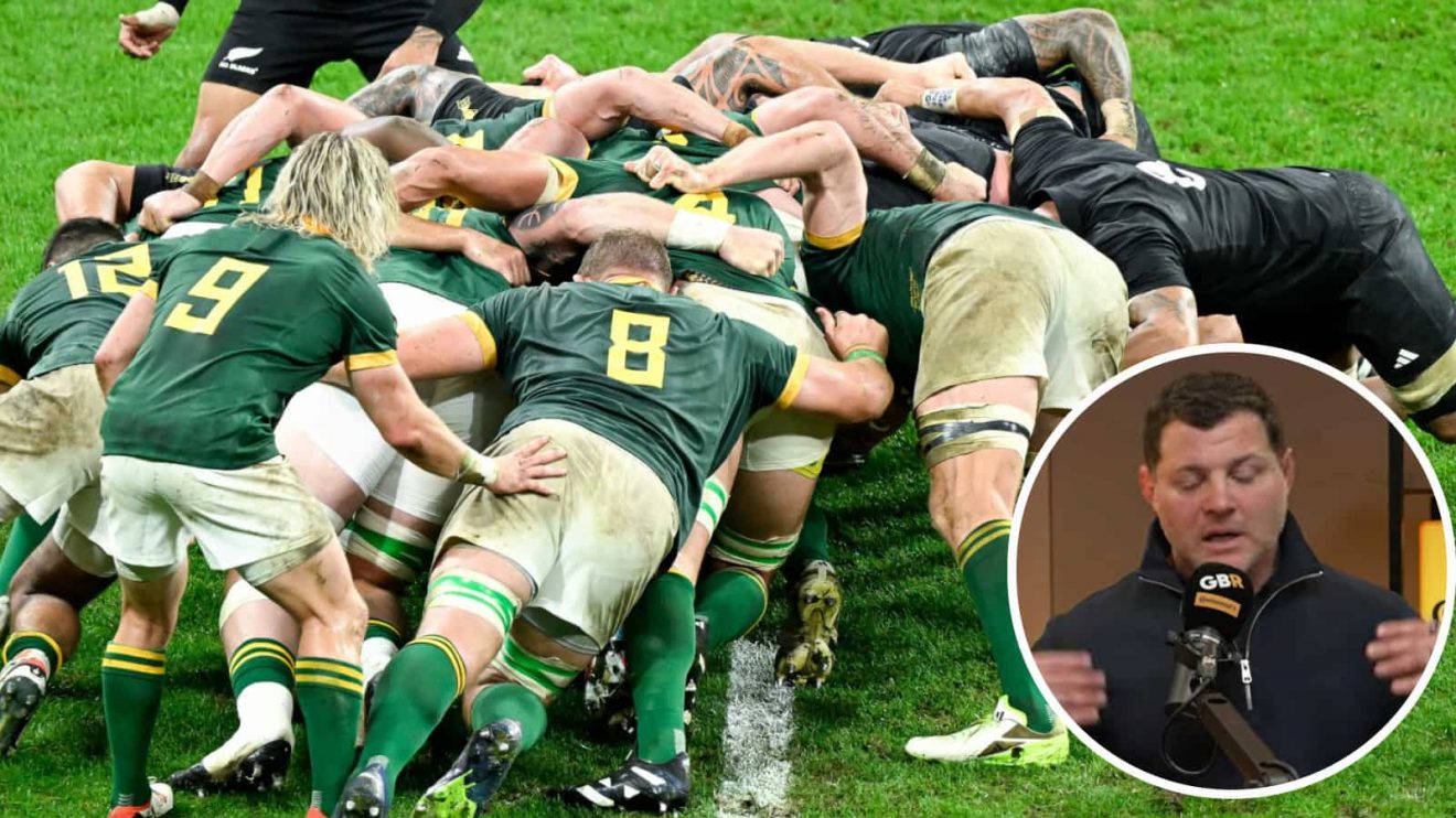 Springboks scrummaging against the All Blacks, and former France hooker Benjamin Kayser (inset).