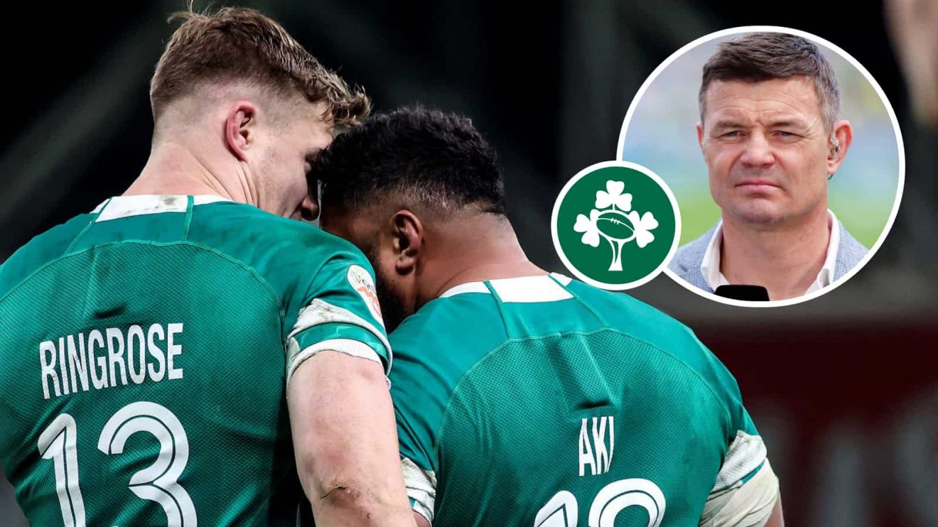Ireland centres Garry Ringrose and Bundee Aki with an insert of Brain O'Driscoll.