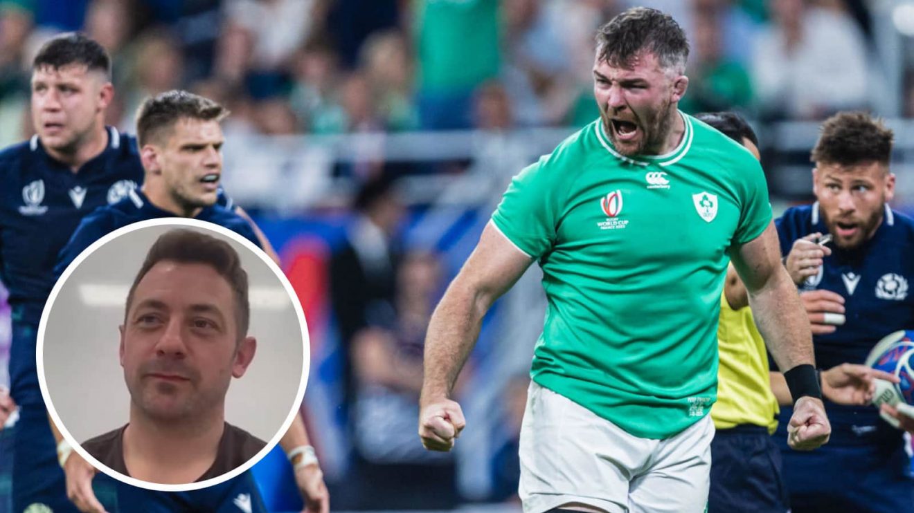 Peter O'Mahony celebrates during Ireland v Scotland clash in the 2023 Rugby World Cup and former scrum-half Greig Laidlaw (inset).