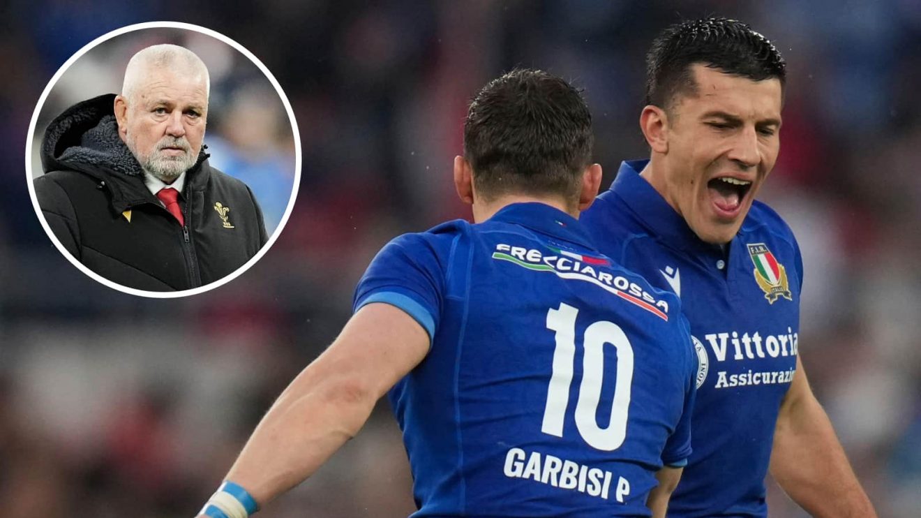 Italy's Tommaso Allan and Paolo Garbisi with an insert of Wales head coach Warren Gatland.
