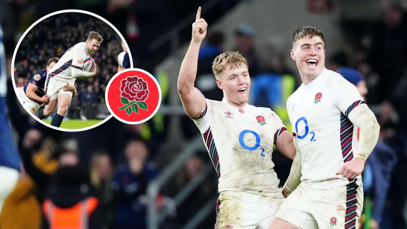 England's Fin Smith and Tommy Freeman with an insert of Elliot Daly.