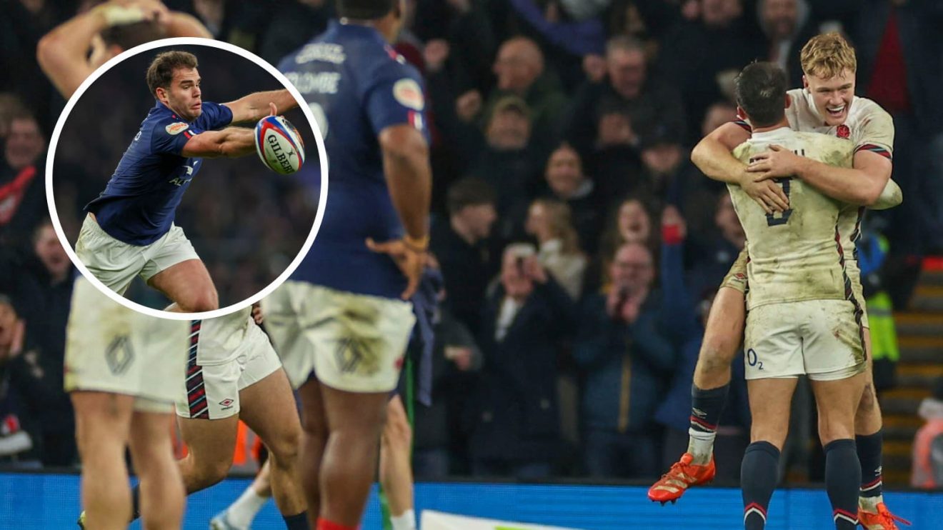 Fin Smith celebrates England win over France.
