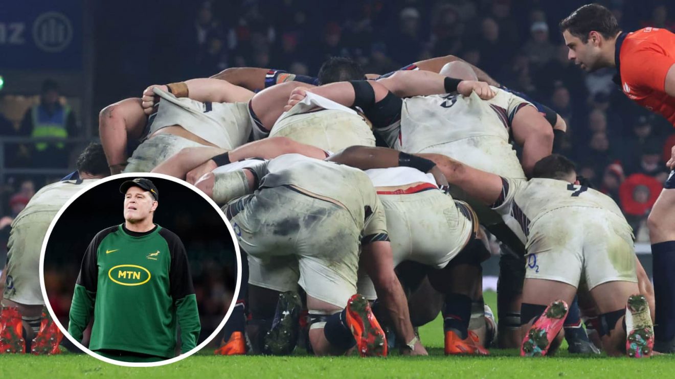 England and France setting up for a scrum in Six Nations clash and Springboks head coach Rassie Erasmus (inset).