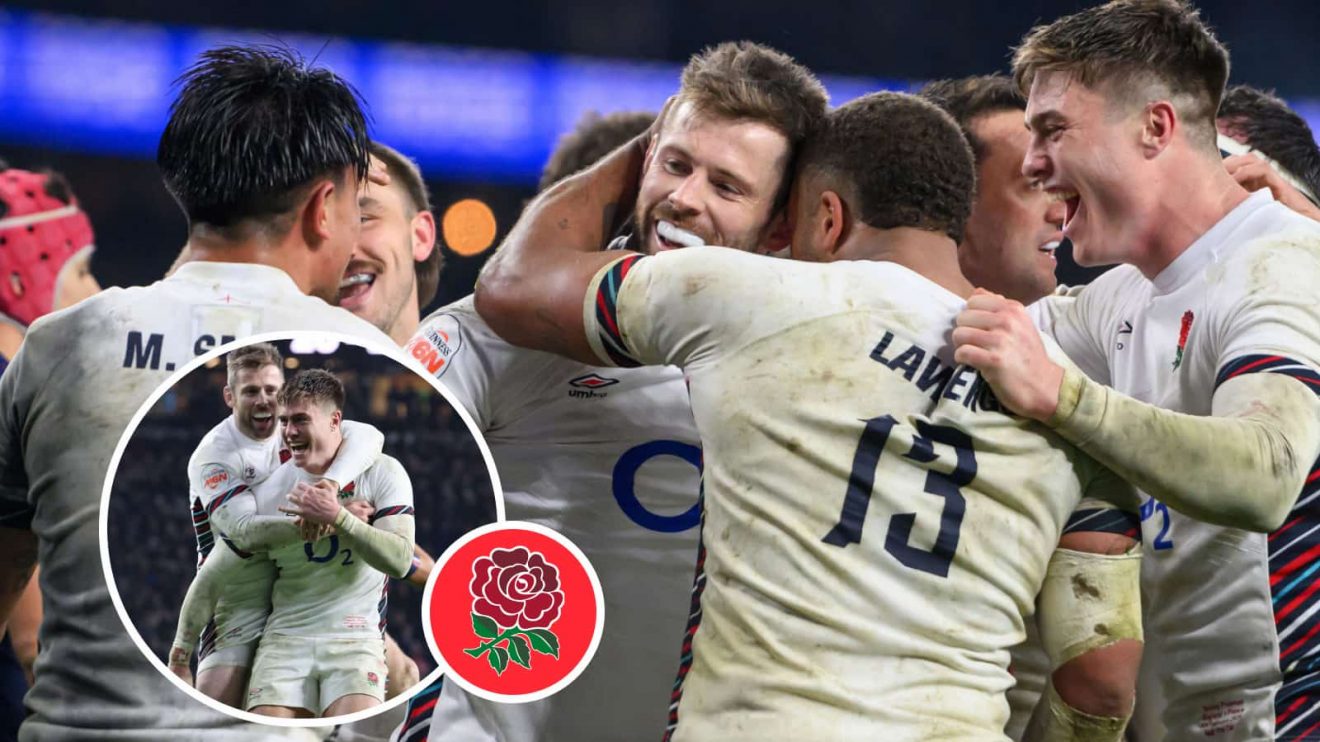 England celebrate Elliot Daly's match-winning try against France in 2025 Six Nations and Daly with fellow scorer Tommy Freeman (inset).