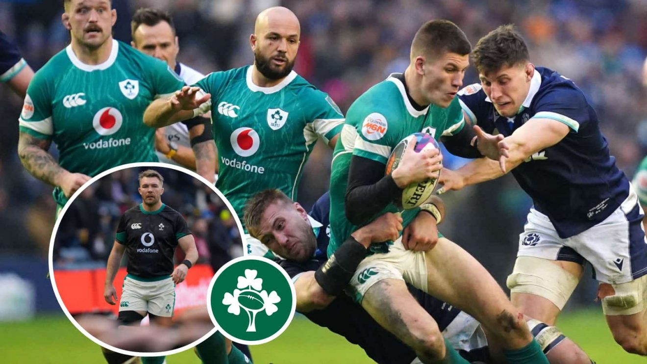 Ireland fly-half Sam Prendergast in action v Scotland in Six Nations and flanker Peter O'Mahony (inset).