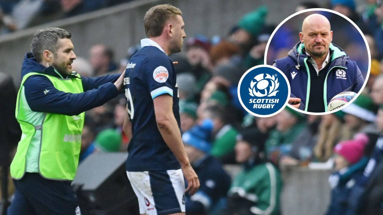 Finn Russell going off for a HIA during Ireland Six Nations clash and Scotland head coach Gregor Townsend (inset).