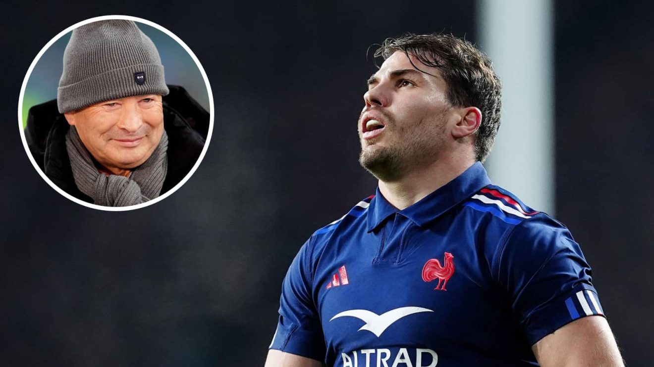 France captain Antoine Dupont and an insert of Eddie Jones