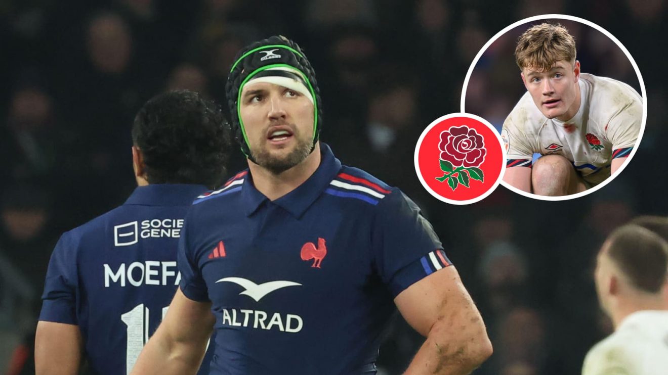 France flanker Francois Cros and an insert of England fly-half Fin Smith during the 2025 Six Nations.