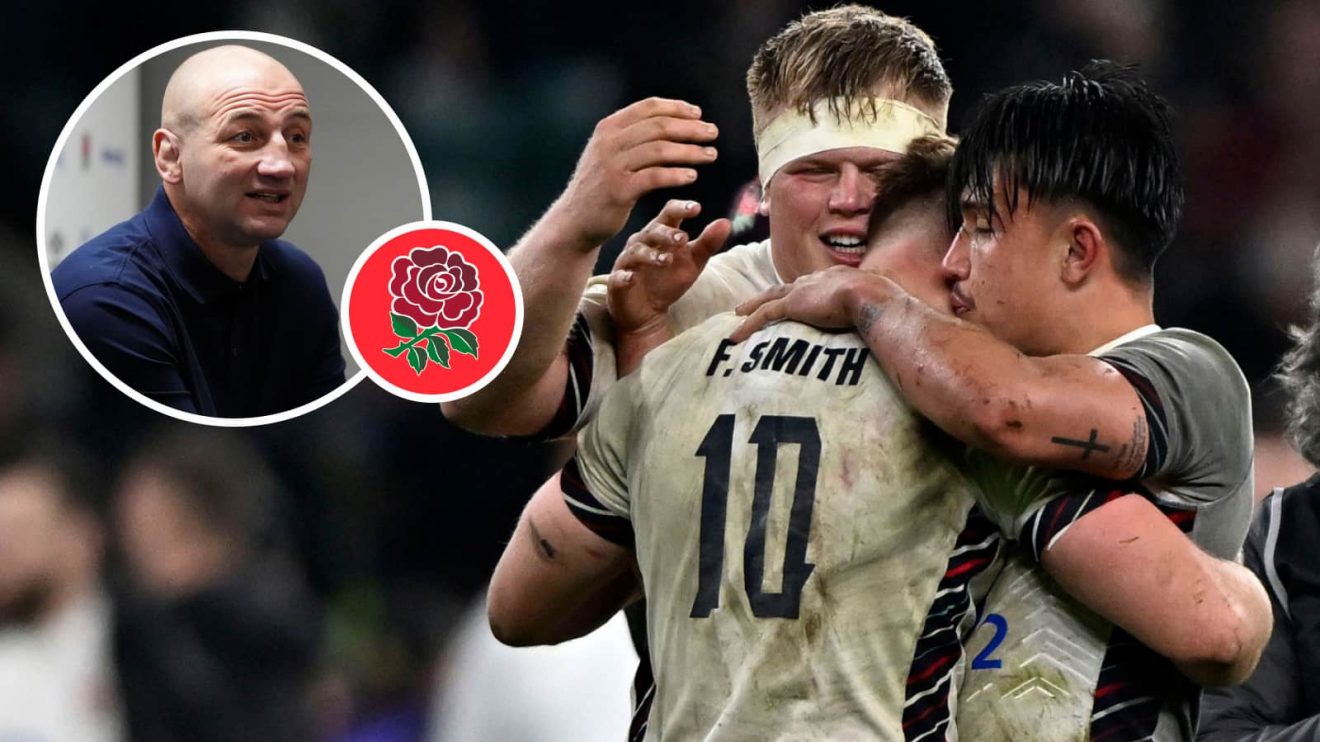 Marcus Smith and Fin Smith embracing after Six Nations win over France, and England head coach Steve Borthwick (inset).