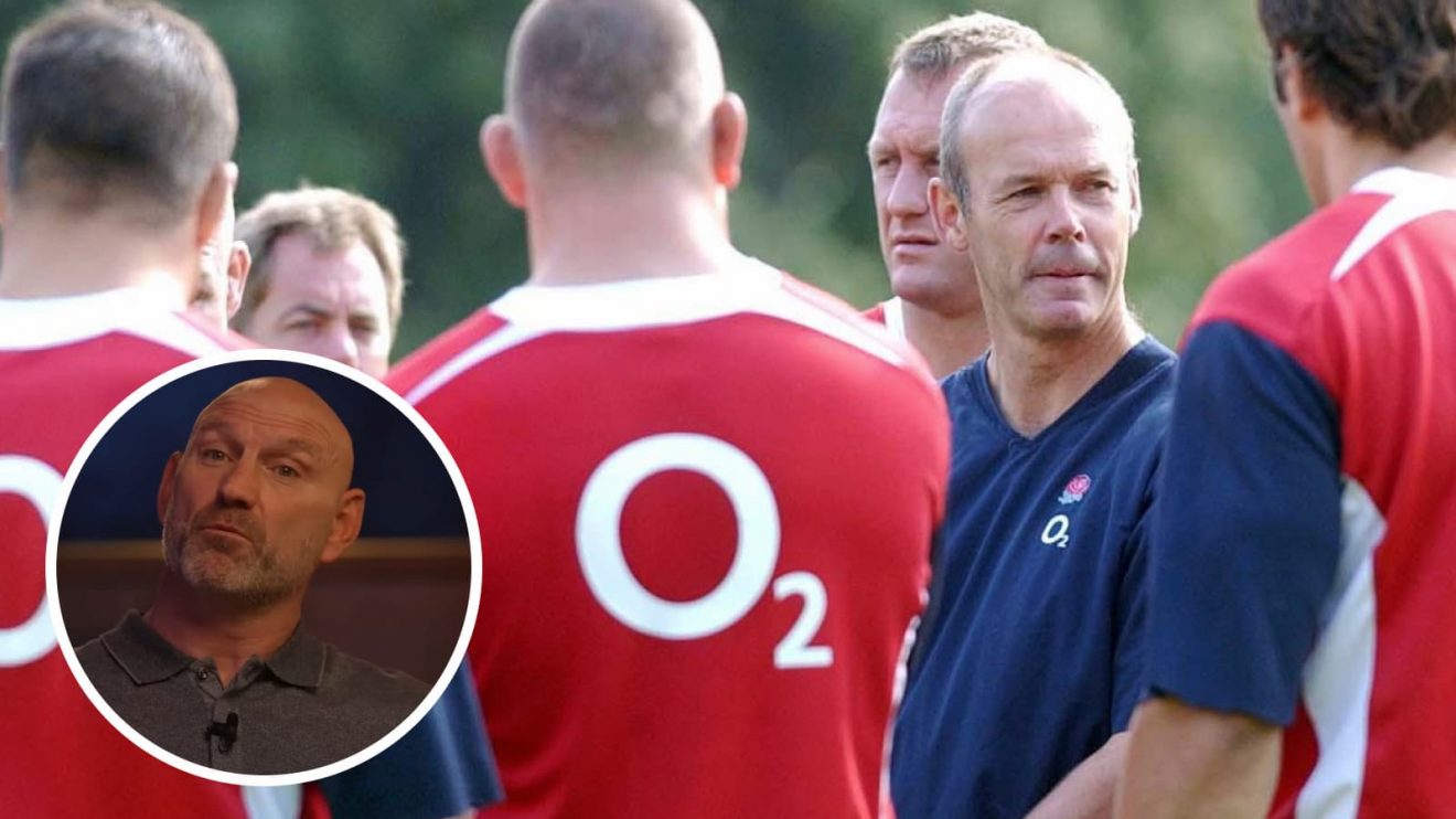Sir Clive Woodward with England team at Pennyhill Park and great number Lawrence Dallaglio.