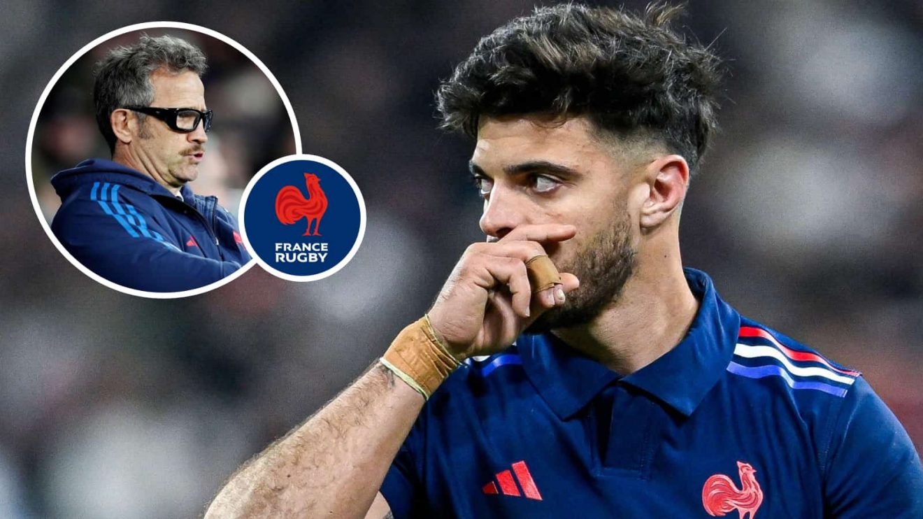 France fly-half Romain Ntamack and an insert of head coach Fabien Galthie.