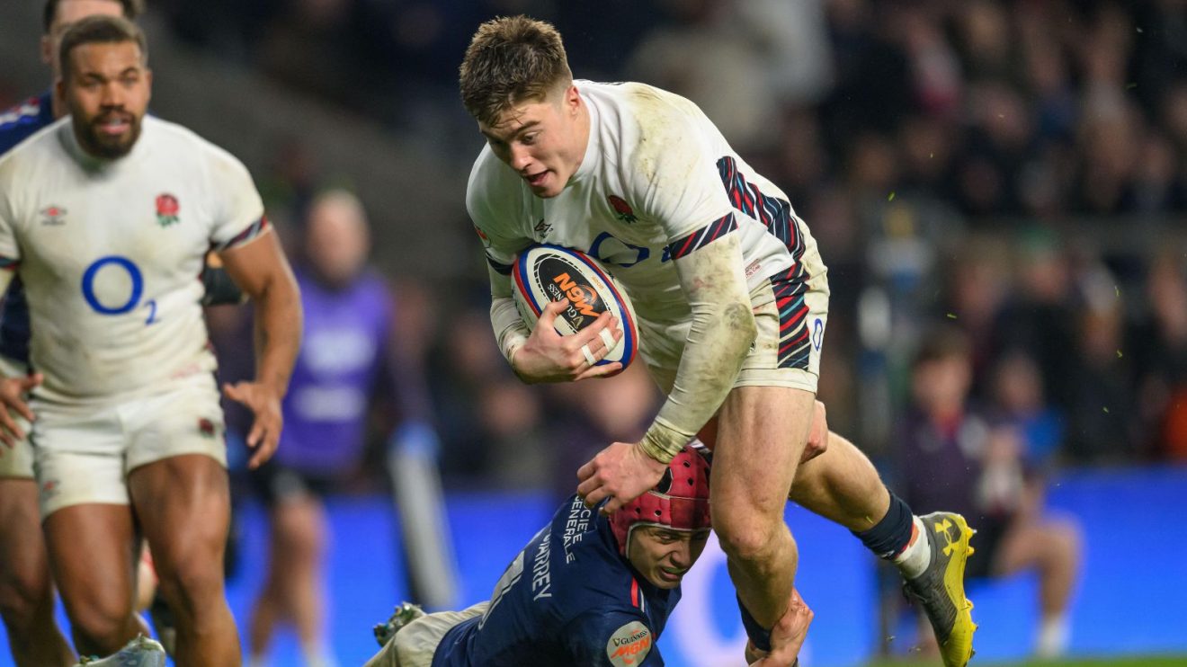 England winger Tommy Freeman carrying the ball in his side's win over France in 2025