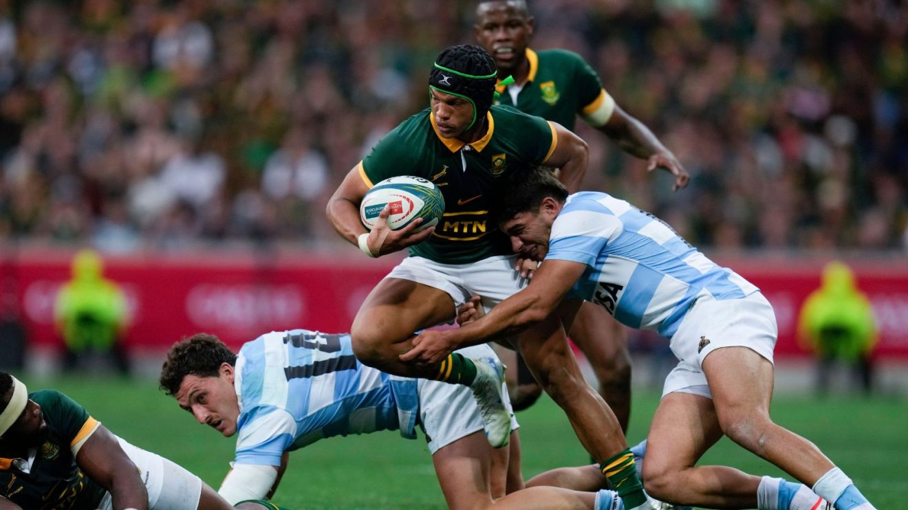 Springboks winger Kurt-Lee Arendse carries the ball into contact against Argentina in the 2024 Rugby Championship
