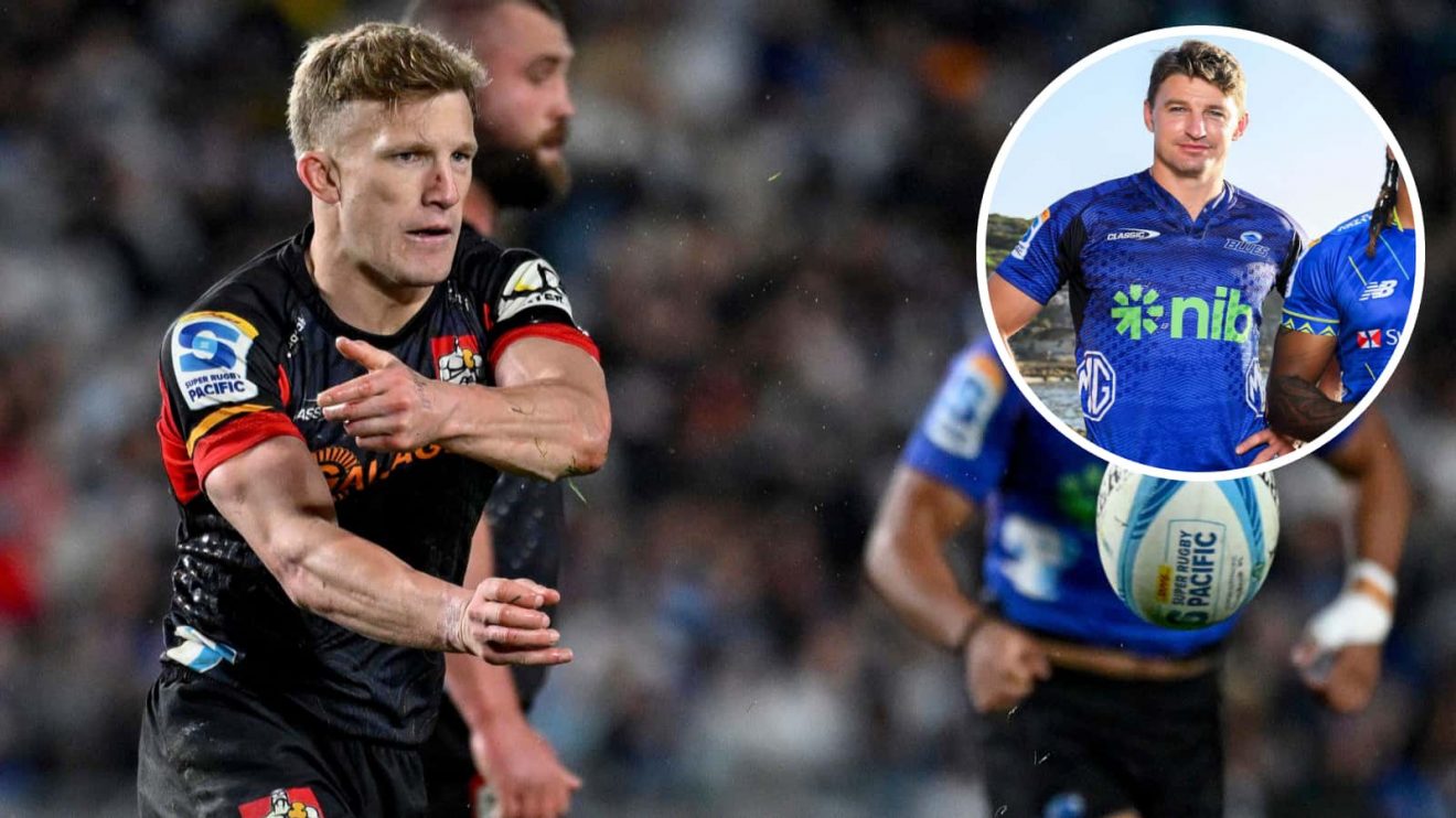 All Blacks playmakers Damian McKenzie and Beauden Barrett (inset), who face-off in Super Rugby Pacific this weekend.